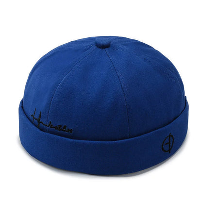 Royal blue denim hip hop blue landlord hat docker with black embroidered logo and rolled edge brimless brim