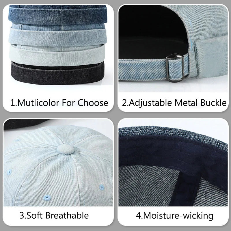 Hip hop blue denim washed cotton landlord hat with adjustable metal buckle and edge brimless sailor style in multiple colors