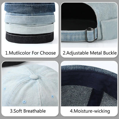 Hip hop blue denim washed cotton landlord hat with adjustable metal buckle and edge brimless sailor style in multiple colors