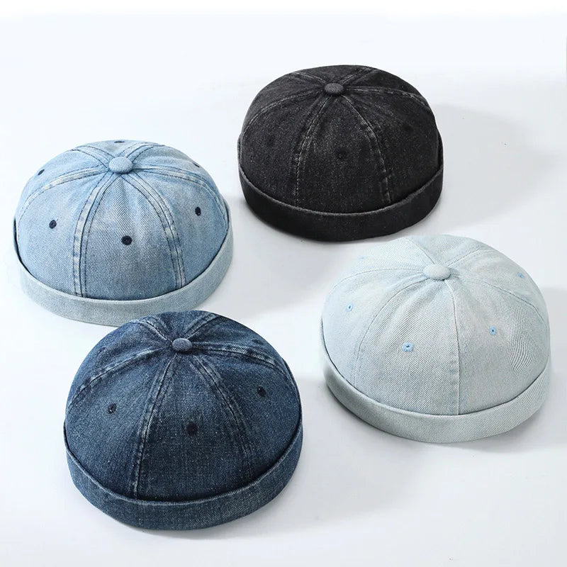 Denim bucket hats in hip hop blue and black washed cotton landlord style with edge brimless sailor design and subtle stitching