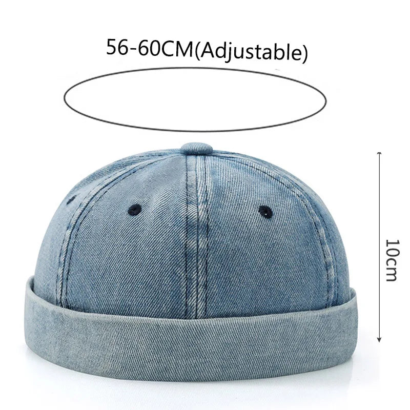 Light blue hip hop blue denim washed cotton landlord beanie with folded brim and black button details