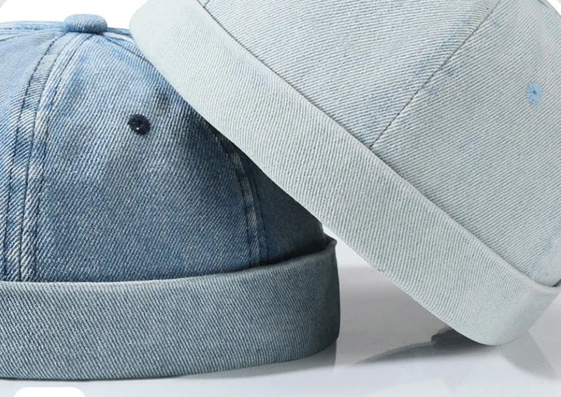 Light-wash denim hip hop blue washed cotton landlord cap with folded brim and subtle stitching edge brimless sailor style