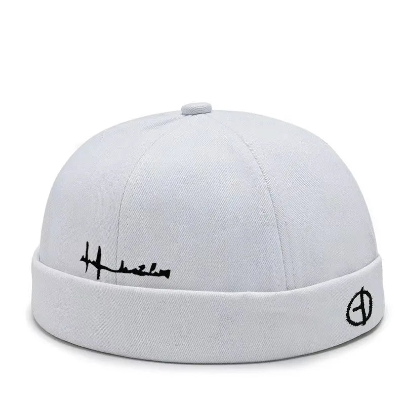 White denim-style beanie cap with black embroidered logo on brim hip hop blue washed cotton landlord edge brimless sailor hat