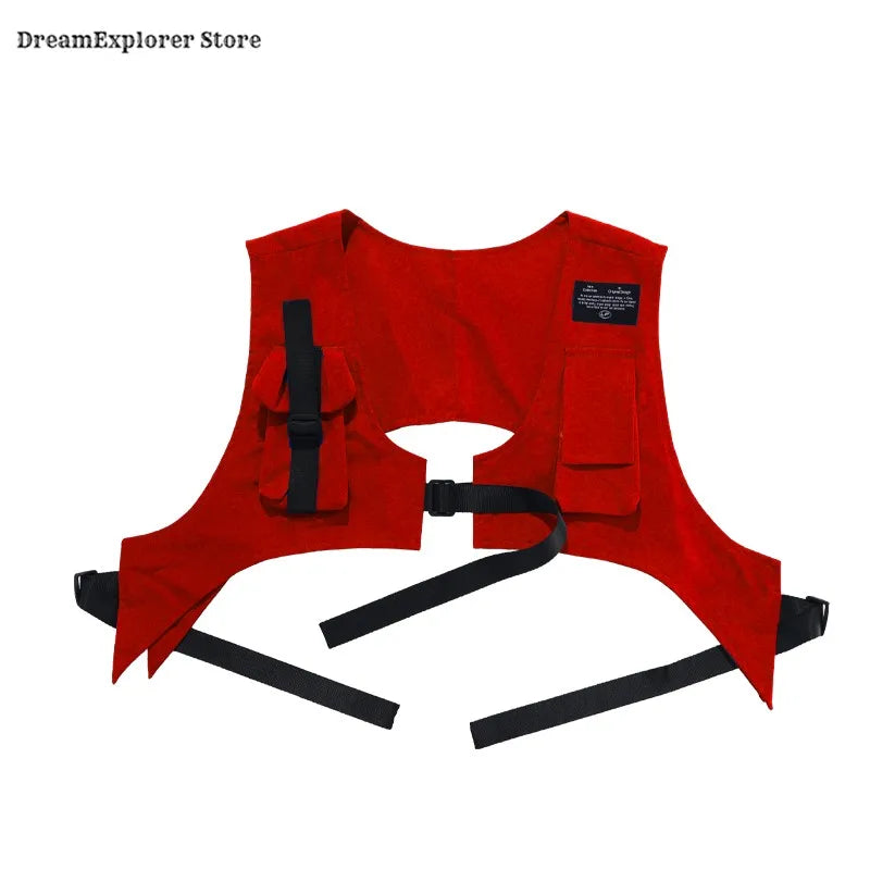 Red life jacket with black straps and multiple pockets featured in hip hop boys red vest cargo kids jazz costumes set