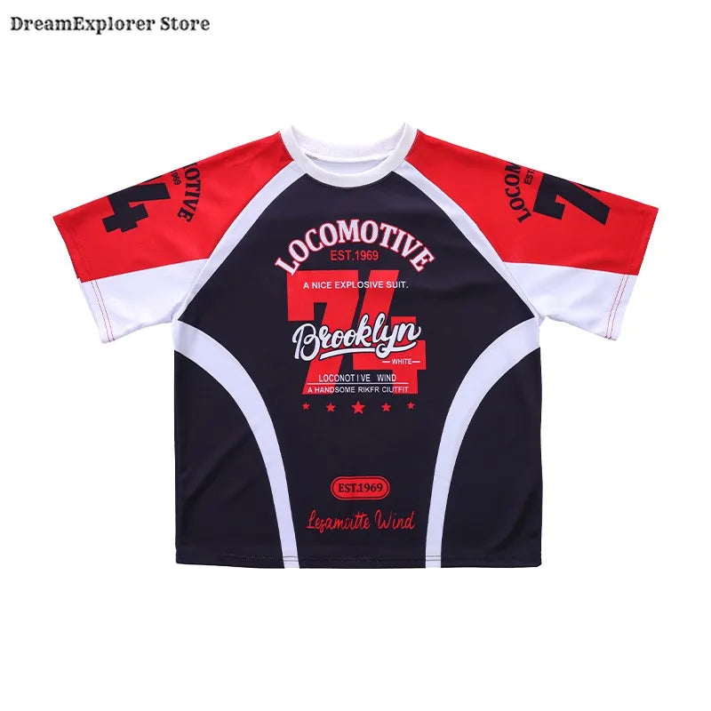 Black and red hip hop boys graphic tee with white trim and locomotive branding for kids jazz costumes streetwear