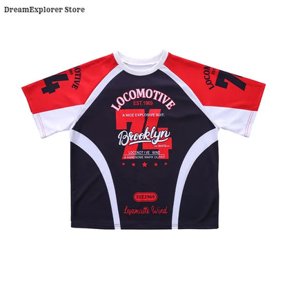 Black and red hip hop boys graphic tee with white trim and locomotive branding for kids jazz costumes streetwear