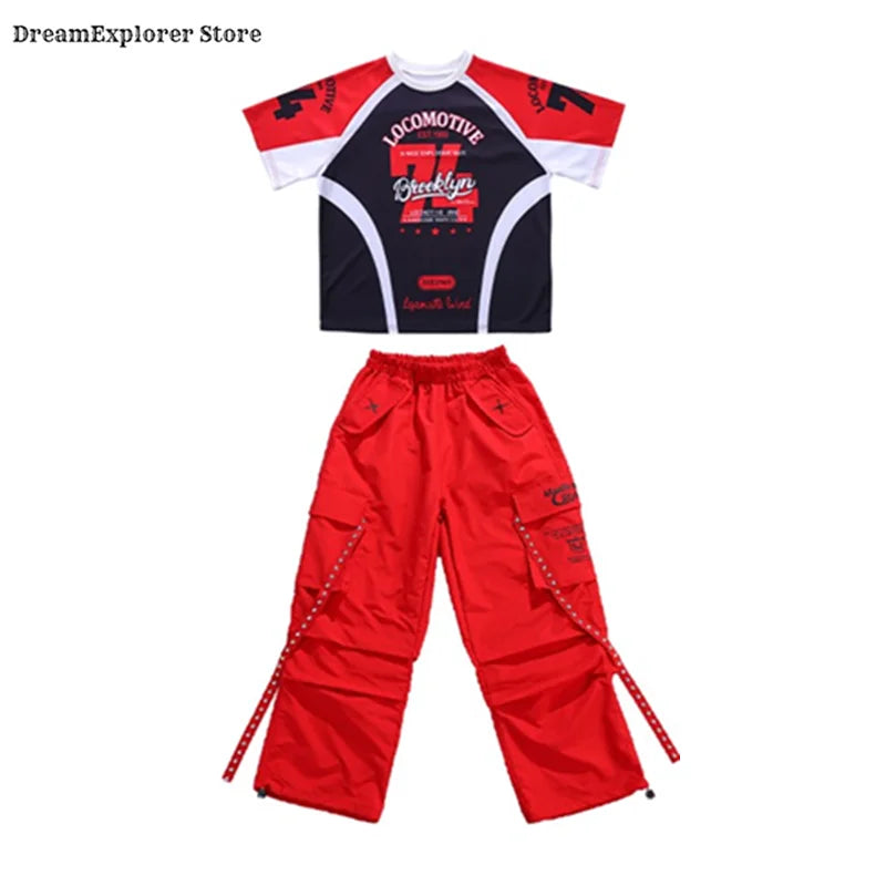 Red and black hip hop boys graphic tee with white accents featuring locomotive and brooklyn text for kids jazz costumes