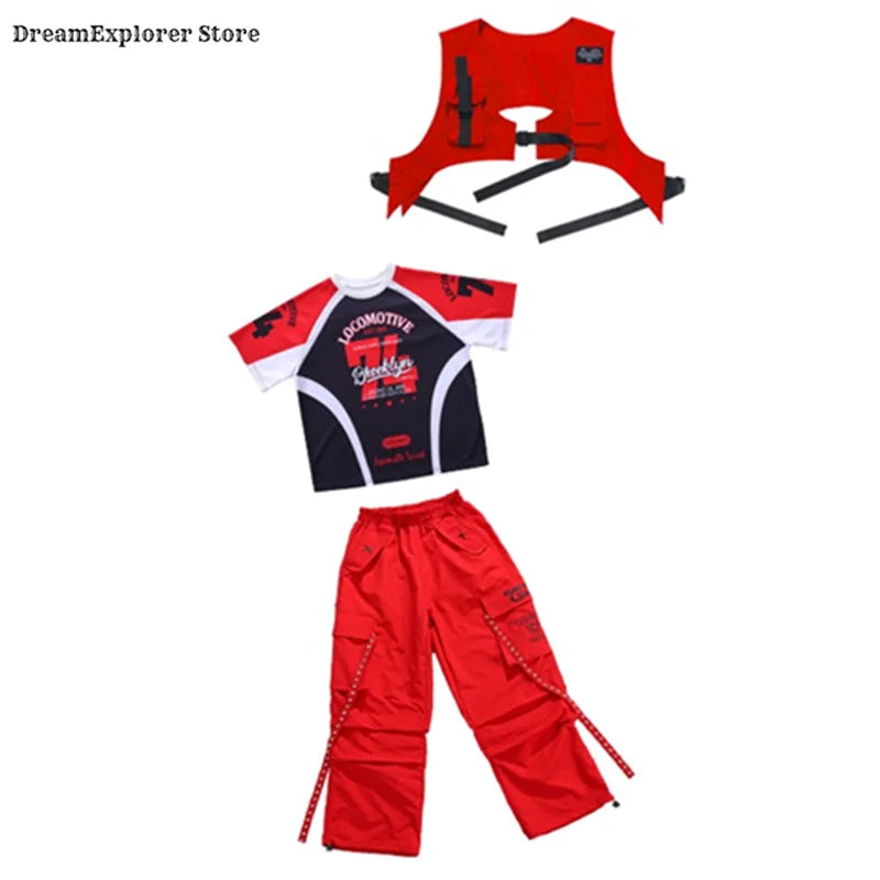 Red and black locomotive-themed hip hop boys costume set featuring red vest cargo pants for kids jazz costumes and streetwear