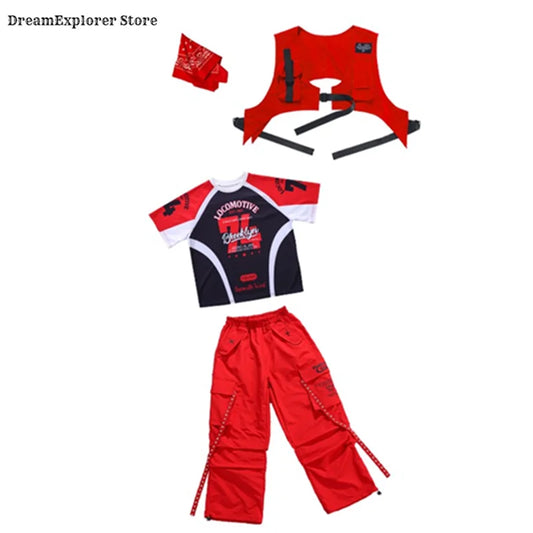 Red and black locomotive-themed hip hop boys costume set with red vest cargo pants and matching bandana for kids jazz costumes