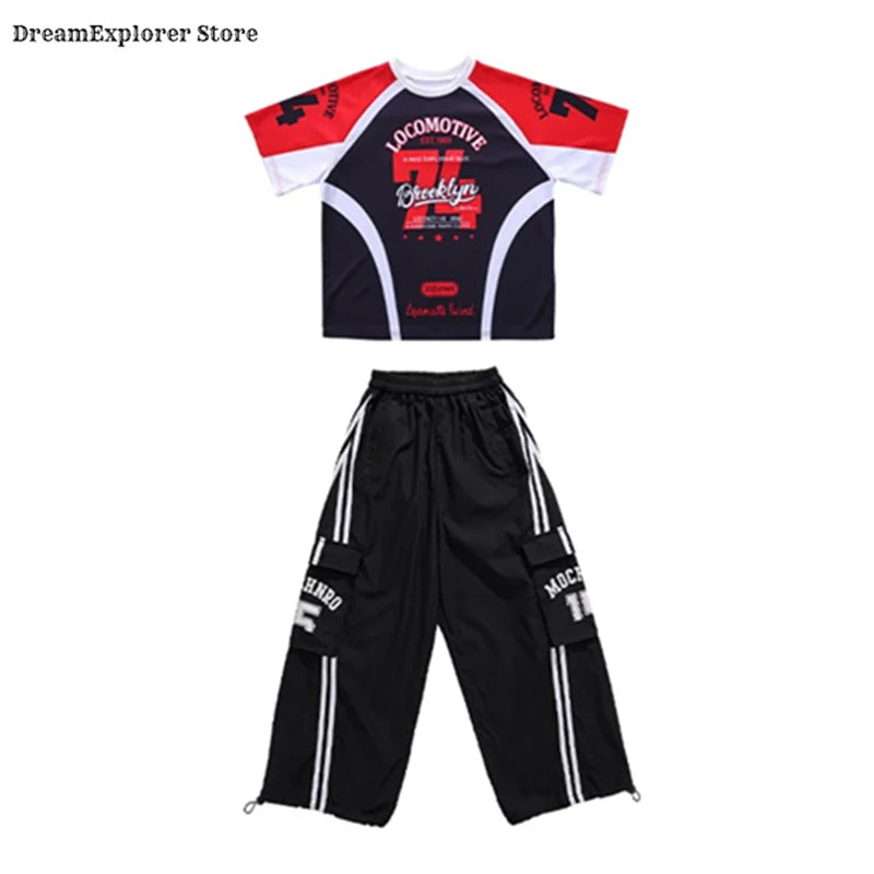Black and red graphic hip hop boys t-shirt with white accents featuring locomotive brooklyn text design for kids jazz costumes
