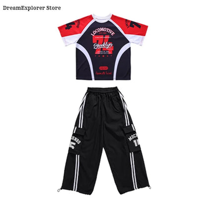 Black and red graphic hip hop boys t-shirt with white accents featuring locomotive brooklyn text design for kids jazz costumes