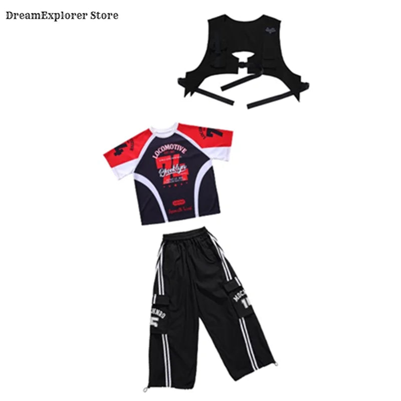 Black and red graphic hip hop boys tee with white accents featuring locomotive text for kids jazz costumes and red vest cargo pants