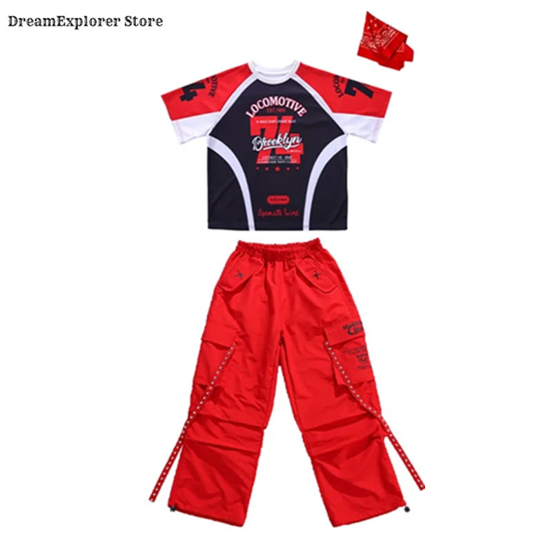 Red and black graphic hip hop boys tee with white accents featuring locomotive text and brooklyn logo for kids jazz costumes