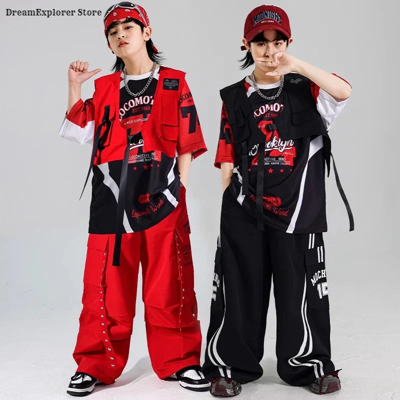 Red and black hip hop boys streetwear with bold lettering red vest cargo pants kids jazz costumes set