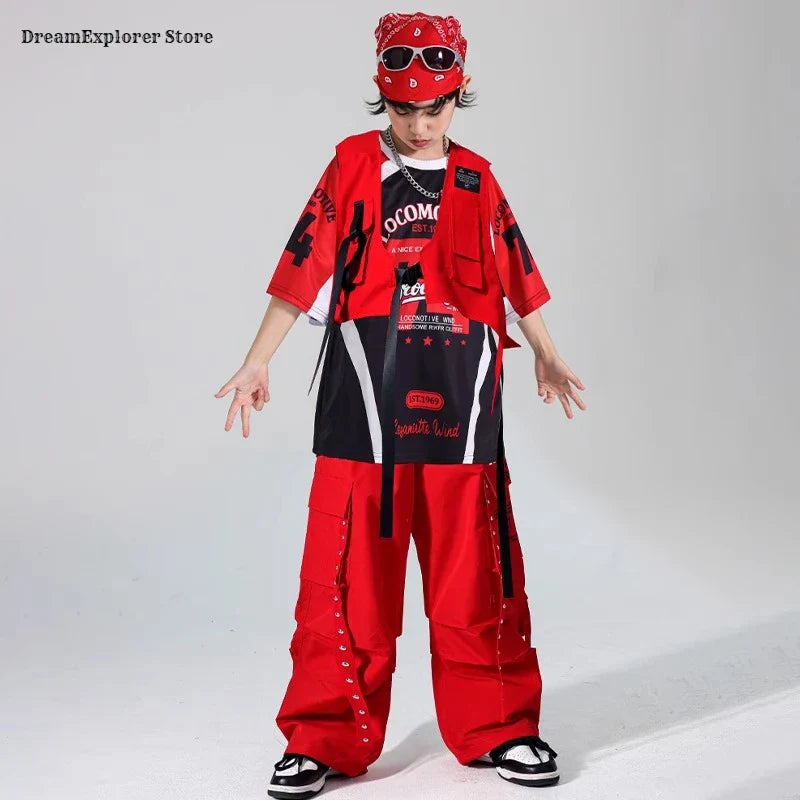 Hip hop boys red vest cargo pants with bold graphic prints studded details and matching red bandana kids jazz costumes