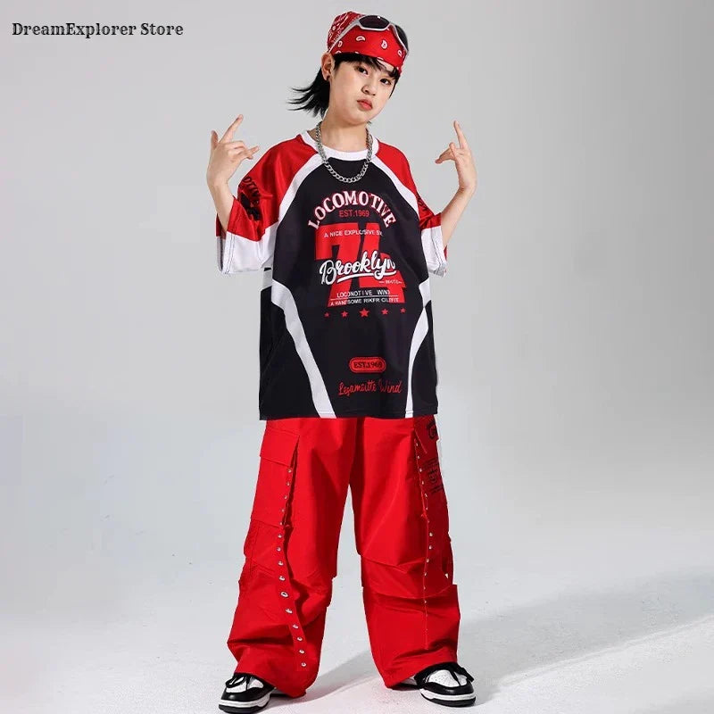 Red and black graphic tee with white trim and locomotive branding for hip hop boys red vest cargo kids jazz costumes