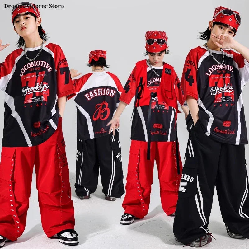Red and black graphic tee with locomotive branding and bold white lettering for hip hop boys kids jazz costumes