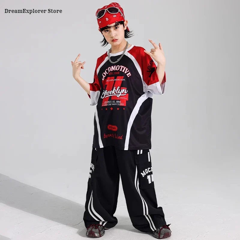 Black and red hip hop boys graphic tee with white trim and brooklyn text for kids jazz costumes and red vest cargo sets