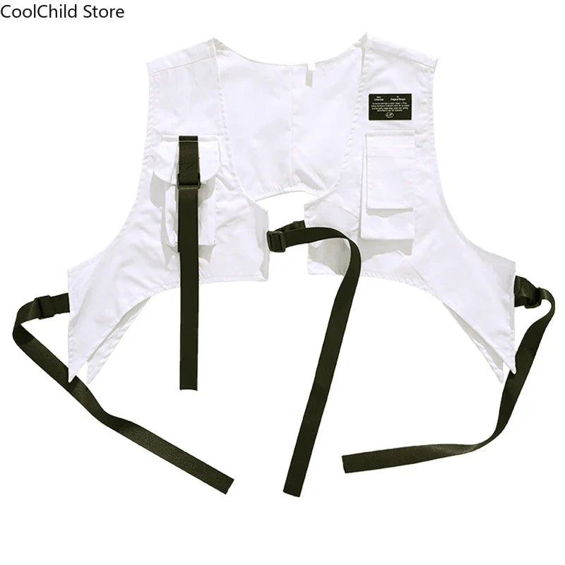 White utility vest with black adjustable straps and multiple pockets for hip hop boys cool graffiti dance cargo pants set