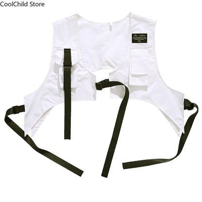 White utility vest with black adjustable straps and multiple pockets for hip hop boys cool graffiti dance cargo pants set