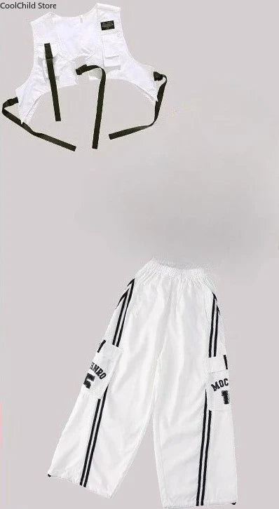 White hip hop boys cool graffiti athletic vest and dance cargo pants with black straps and moc lettering pockets