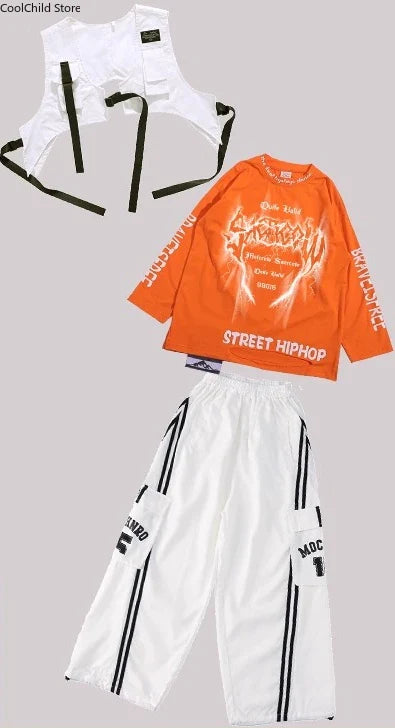 Orange long-sleeved hip hop boys cool graffiti tee with black text and flame design paired with dance cargo pants