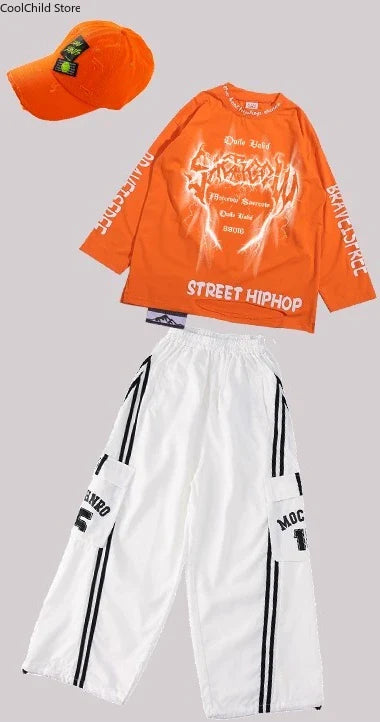Orange long-sleeved hip hop boys cool graffiti t-shirt with glowing graphic and black text on sleeves for dance cargo pants set