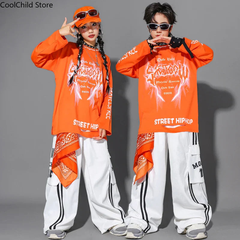 Orange long-sleeved hip hop boys cool graffiti top with white graphic print and bandana accents for dance cargo pants sets