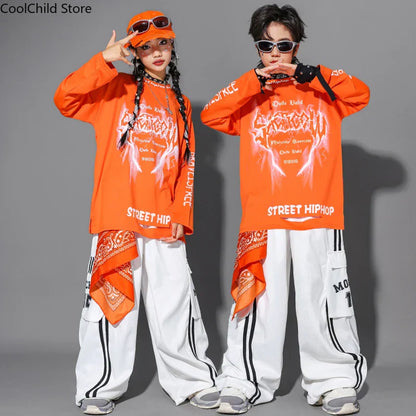 Orange long-sleeved hip hop boys cool graffiti top with white graphic print and bandana accents for dance cargo pants sets