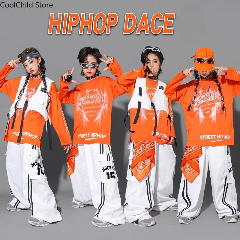 Orange hip hop boys cool graffiti sweatshirt vest with white accents and dance cargo pants for street dance wear