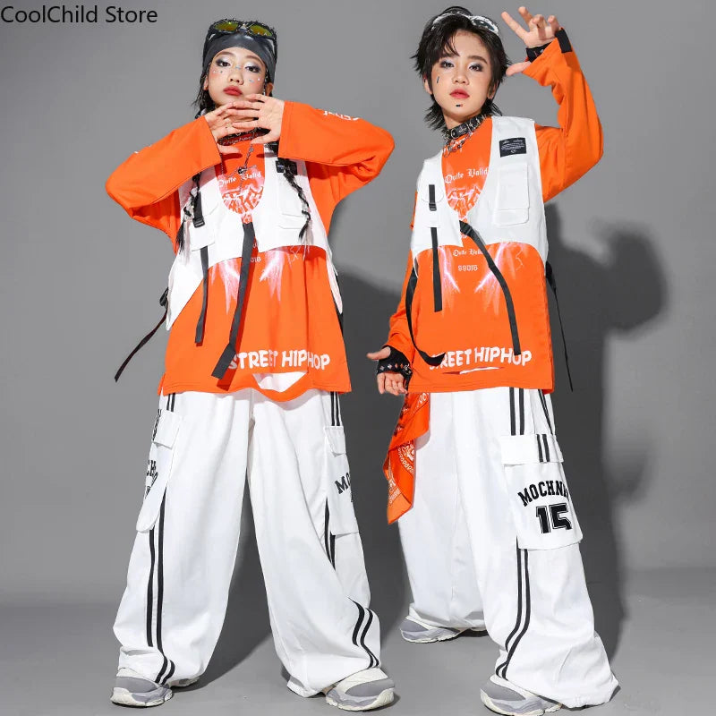 Orange and white hip hop boys cool graffiti sweatshirt vest with black accents paired with dance cargo pants for streetwear