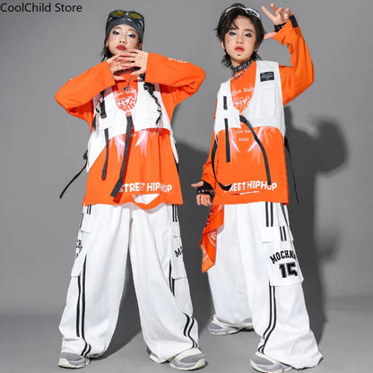 Orange and white hip hop boys cool graffiti sweatshirt vest with black accents paired with dance cargo pants for streetwear