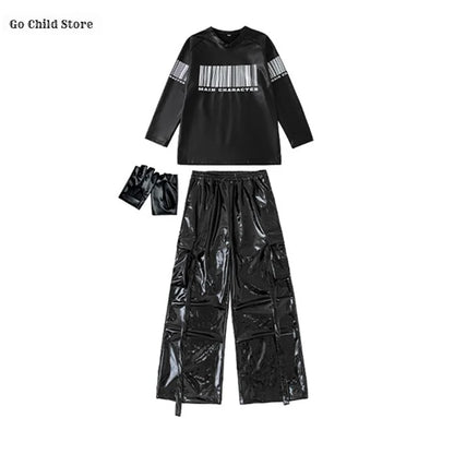 Black glossy vinyl hip hop outfit set with barcode and main character text on long sleeve top for kids streetwear
