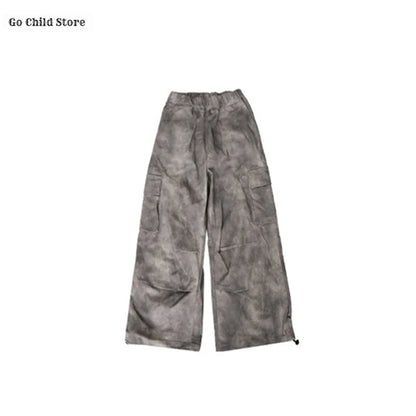 Gray camouflage hip hop cargo pants with relaxed wide-leg cut and elastic waistband for kids street dance wear