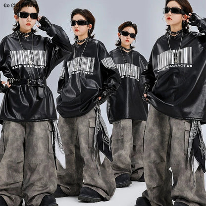 Black faux leather hip hop hoodie with bold barcode graphic and main character text for street dance kidswear