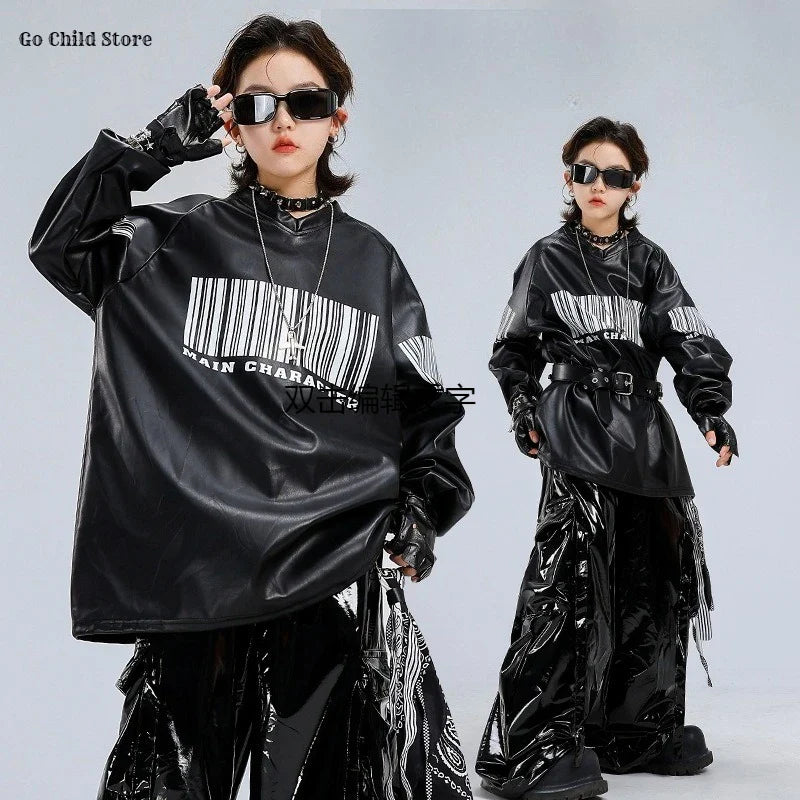 Black glossy faux leather oversized hoodie with white barcode print and sleeve stripes for hip hop streetwear