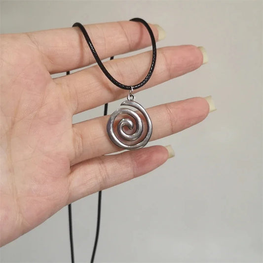 Silver spiral burning sun pendant on black leather rope necklace vintage whirlpool goth choker for men boys
