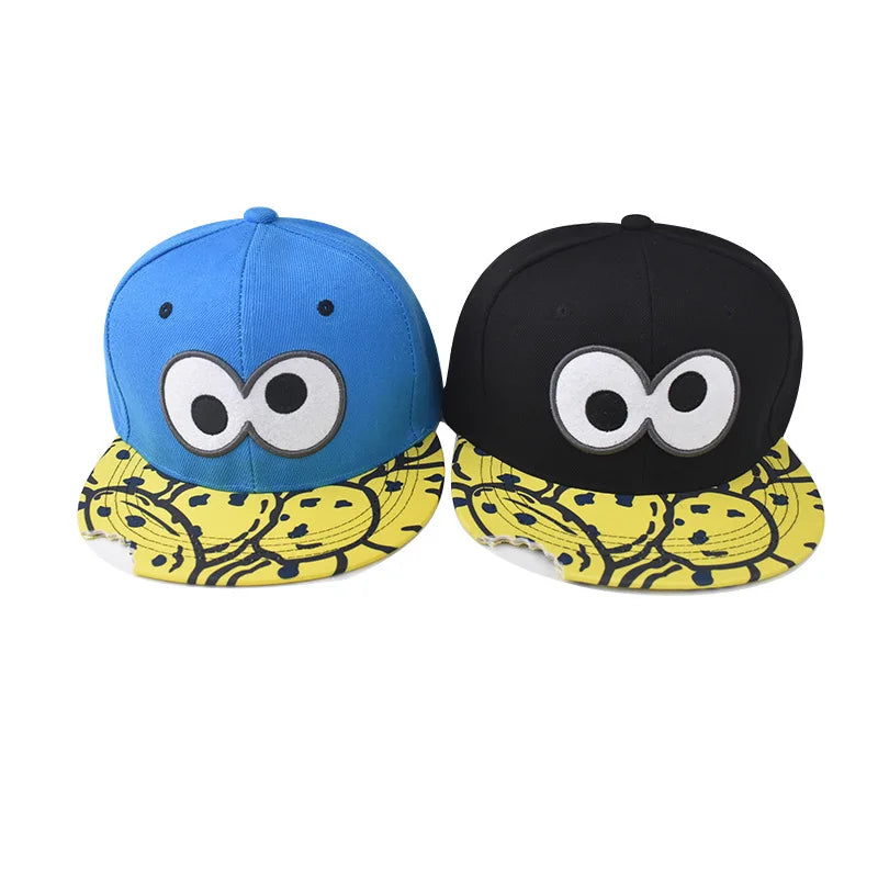 Blue and black snapback cap flat hat with cute embroidery pattern oversized cartoon eyes and yellow cookie print brim
