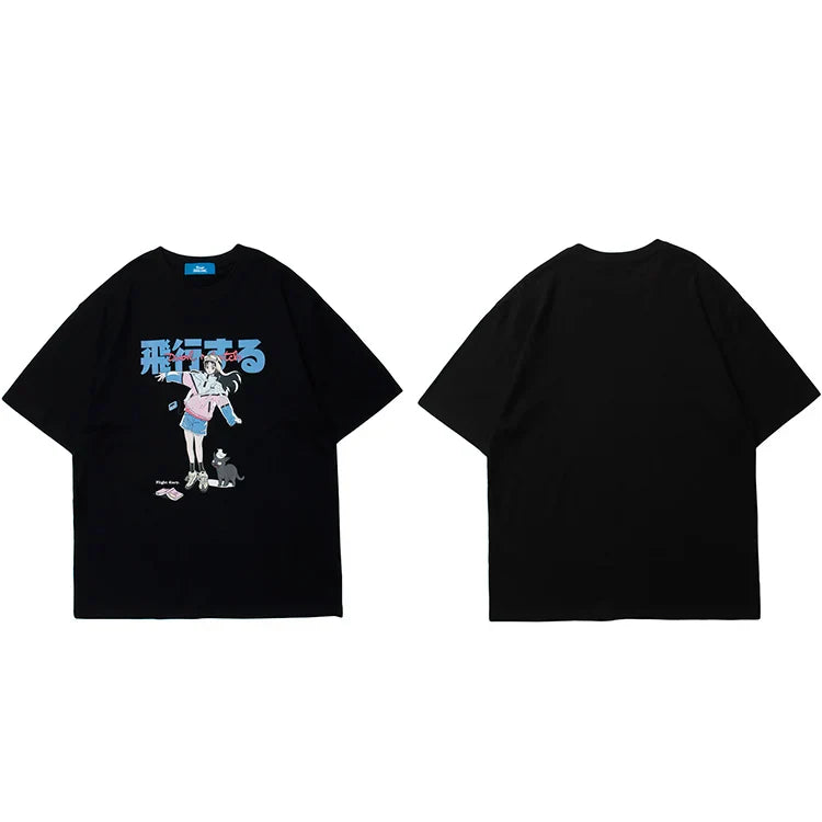 Black oversized hip hop cartoon t shirt featuring a colorful girl cat japanese anime graphic for streetwear harajuku