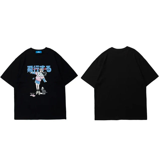 Black oversized hip hop cartoon t shirt featuring a colorful girl cat japanese anime graphic for streetwear harajuku
