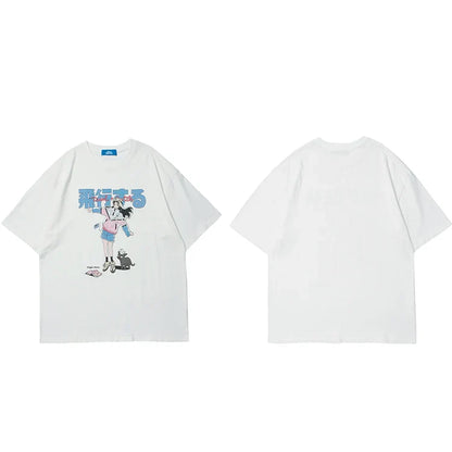 White short-sleeved shirt streetwear harajuku featuring colorful hip hop cartoon girl cat japanese kanji graphic