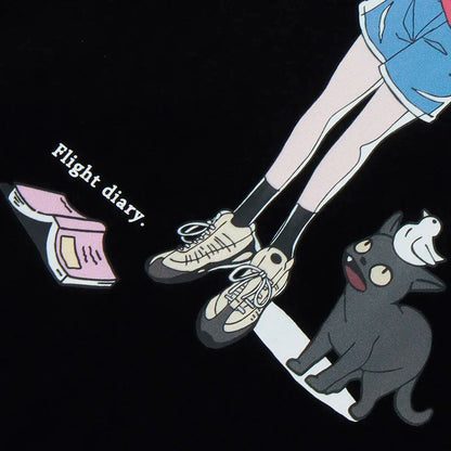 Black t-shirt featuring a hip hop cartoon girl cat japanese design with legs in blue shorts and sneakers streetwear harajuku style
