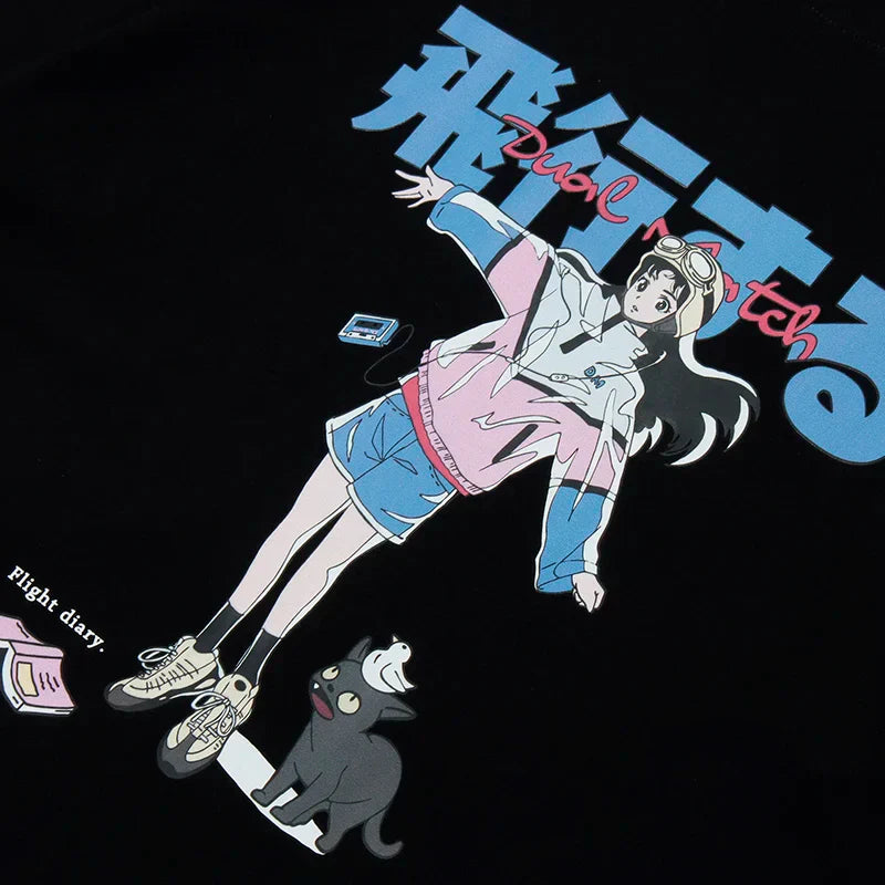 Black t shirt streetwear harajuku featuring a colorful hip hop cartoon girl cat japanese flight gear graphic