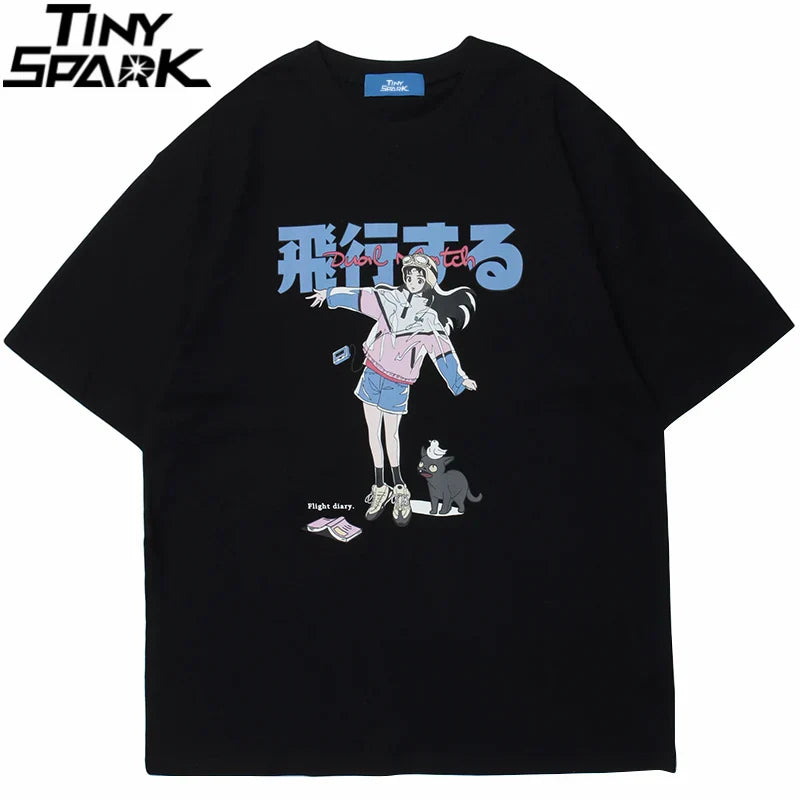 Black oversized t shirt featuring a hip hop cartoon girl cat japanese graphic for shirt streetwear harajuku style