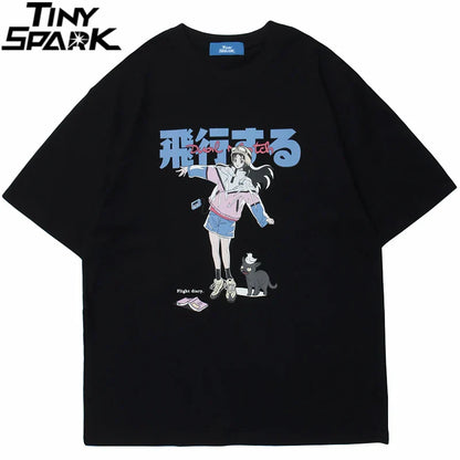 Black oversized t shirt featuring a hip hop cartoon girl cat japanese graphic for shirt streetwear harajuku style