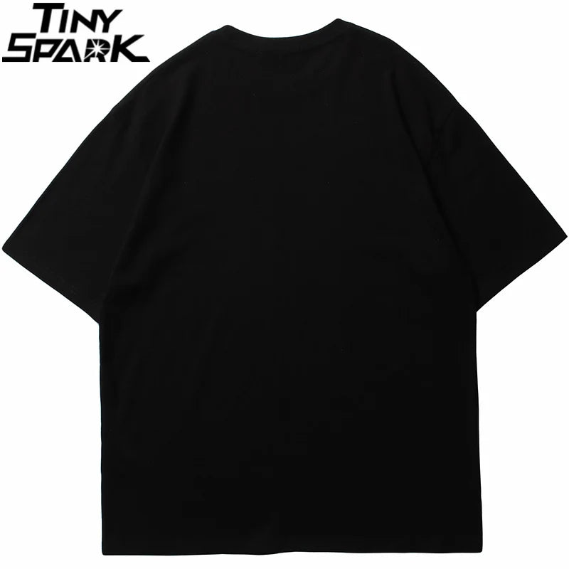 Black short-sleeved hip hop cartoon girl cat japanese kanji shirt streetwear harajuku with tiny spark logo