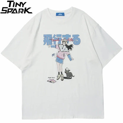 White oversized t shirt with hip hop cartoon girl cat japanese print for streetwear harajuku summer style