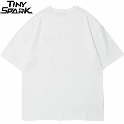 White oversized hip hop cartoon girl cat japanese kanji print shirt streetwear harajuku soft cotton fabric tee