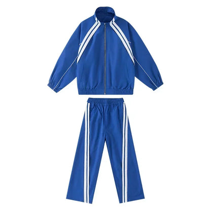 Royal blue hip hop children tracksuit with white stripe detailing casual loose sports jacket and pants set