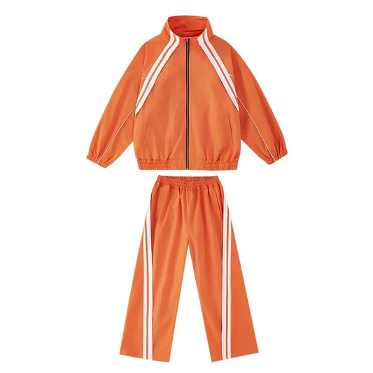Orange hip hop children tracksuit with white stripes featuring a casual sports jacket and pant set for boy girl streetwear